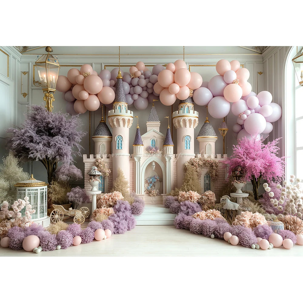 Cute Castle Balloons and Floral Backdrop Kids Baby Cake Smash Photography Props Child Girls Adult Birthday Studio Backgrounds