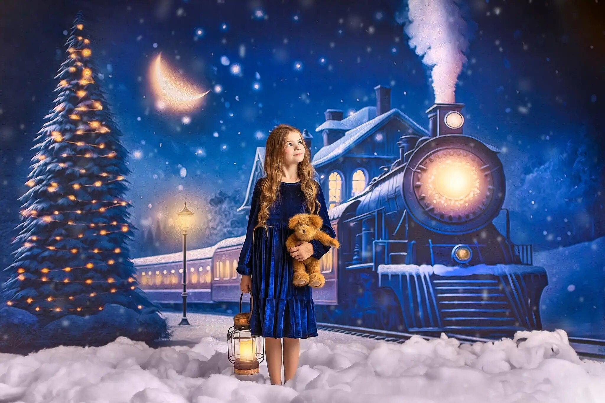 Prendre le Train de minuit arrière-plan enfants photographie noël bébé adulte Photocall enfant enneigé fond de noël 