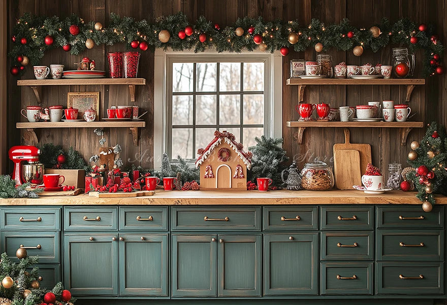 Christmas Red Kitchen With Gingerbread House Backdrop Green Cabinet Kids Baby Cake Smash Photography Props Studio Backgrounds