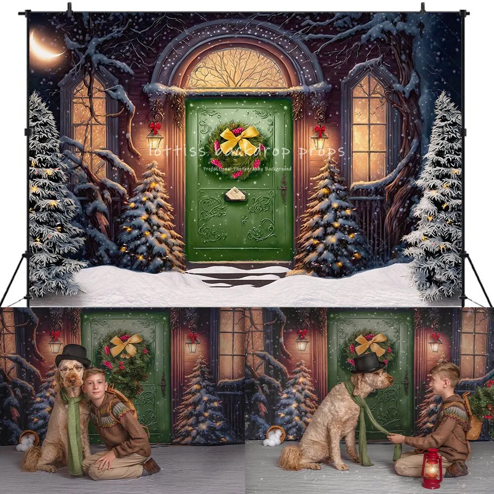 Maison pour les vacances décors de noël bébé enfants accessoires de photographie enfant adulte Photocall décor noël vert bois maison arrière-plan 