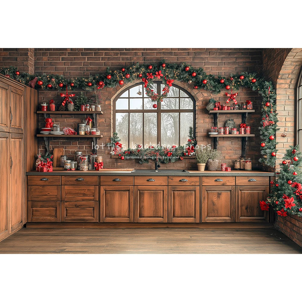 Christmas Kitchen Backdrops Kids Family Photography Child Baby Photocall Decors Winter Xmas Wreath Trees Backgrounds