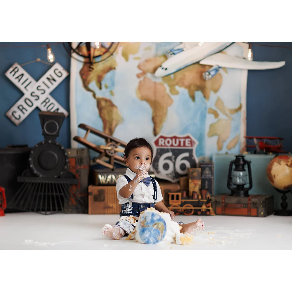 Worldwide Travelling Photography Backdrop Adventure Boy Birthday Cake Smash Photo Background Aircraft Map Photo Studio Props