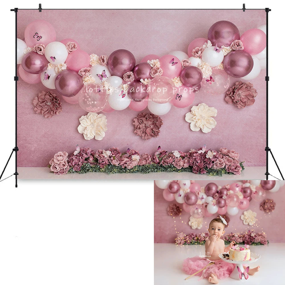 Spring Pretty Pink Butterfly Garden Backdrops Kids Baby Photography Child Adult Photocall  Balloons Cake Smash Floral Background