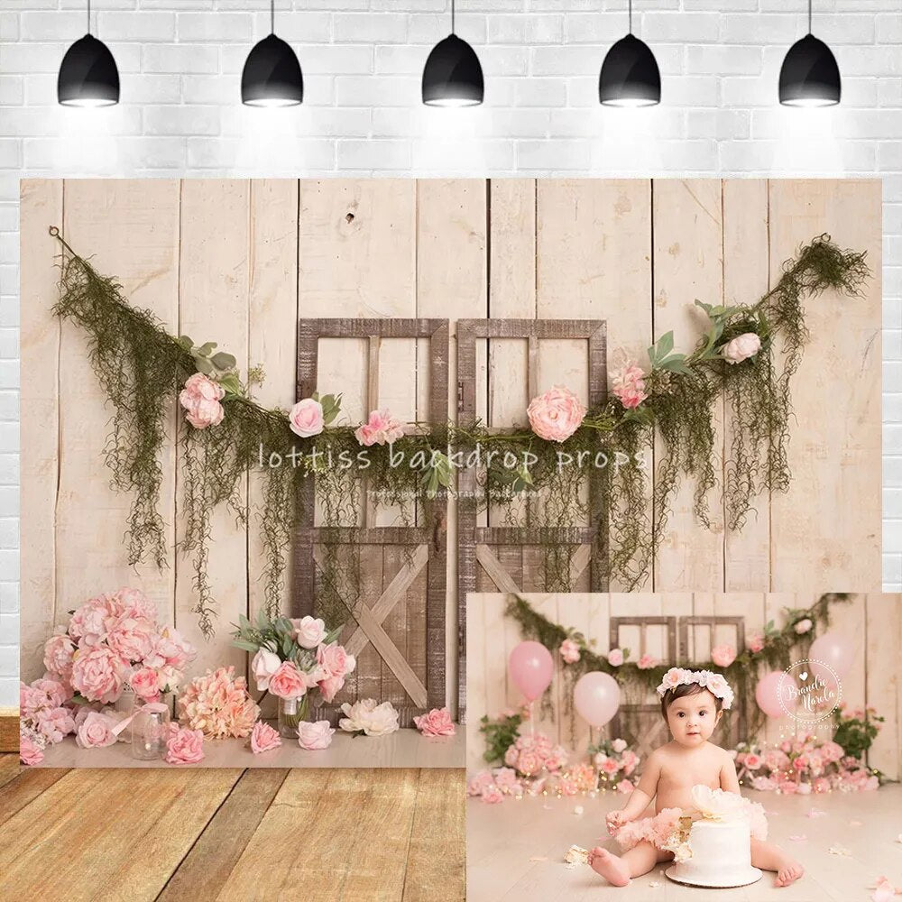 Arrière-plan de porte de grange de jardin de printemps, accessoires de gâteau pour enfants, portrait de fille et adulte, décors de fête d'anniversaire, studio photo pour séance photo pour bébé 