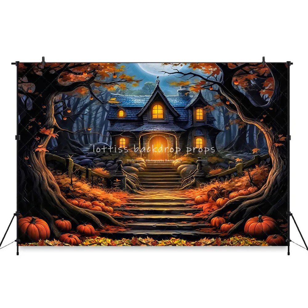 Halloween Haunted Cottage Backdrops Kids Portrait Photography Child Baby Cake Smash Fall Pumpkin Lantern Background