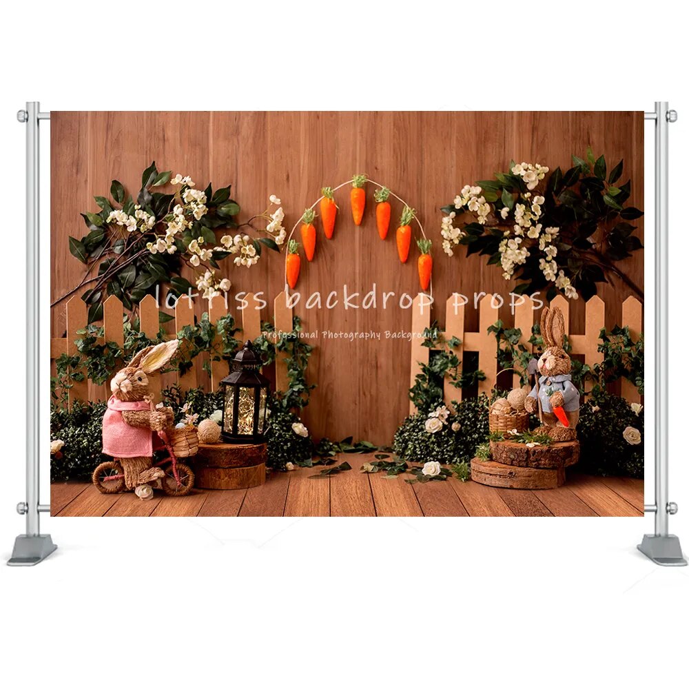 Spring Easter Photography Backgrounds Wooden Board Wall Green Grass Flower Easter Eggs Party Decor Baby Shower Portrait Backdrop