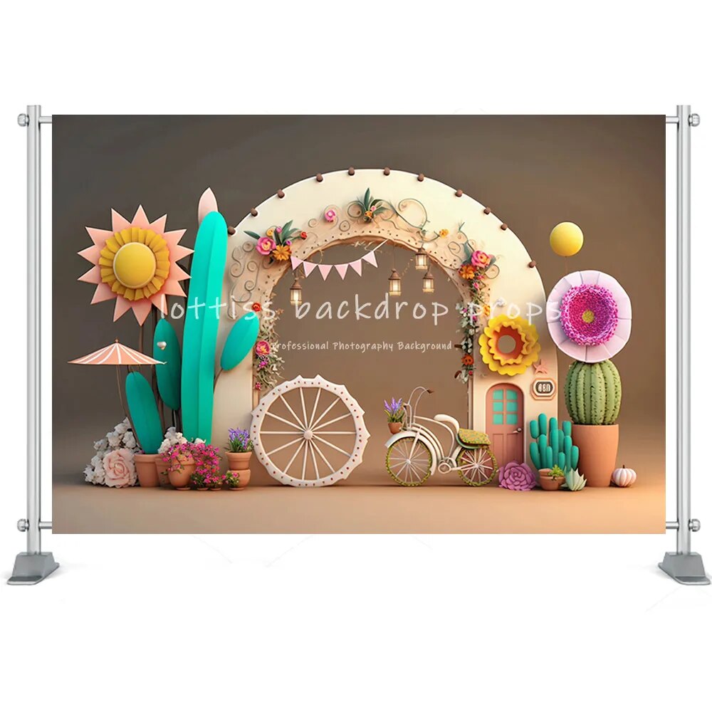 Mexico Fiesta Photography Background Barn Haystack Flower Desert Cactus Guitar Flags Kids Boy Birthday Party Decor Backdrop