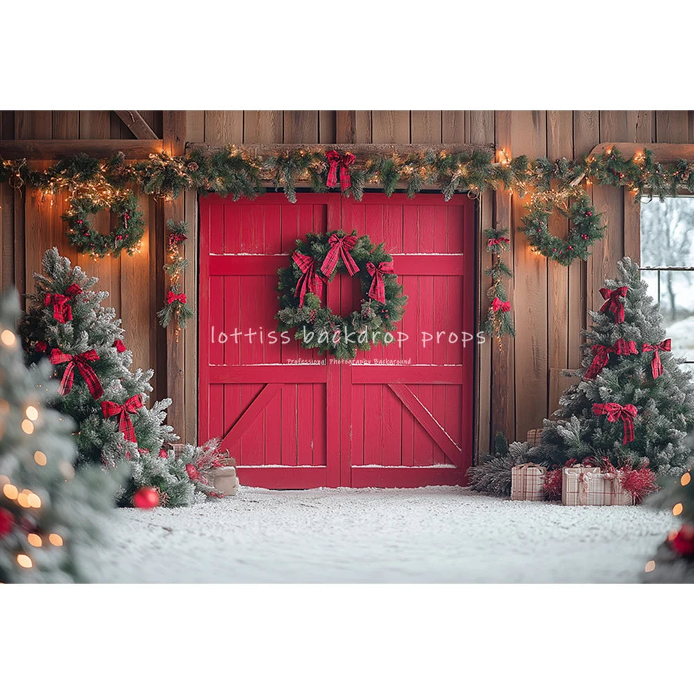 Red Wooden Barn Door Backdrops Kids Family Photography Child Baby Photocall Farm Xmas Trees Snowflake Wreath Cottage Backgrounds