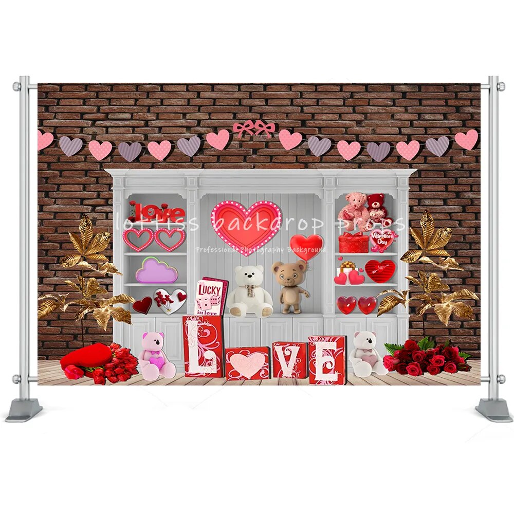 Valentine's Day Backdrop Brick Wall Wood Door Red Rose Heart Flower Shop Brick Wall Photo Background Studio Photoshoot Props