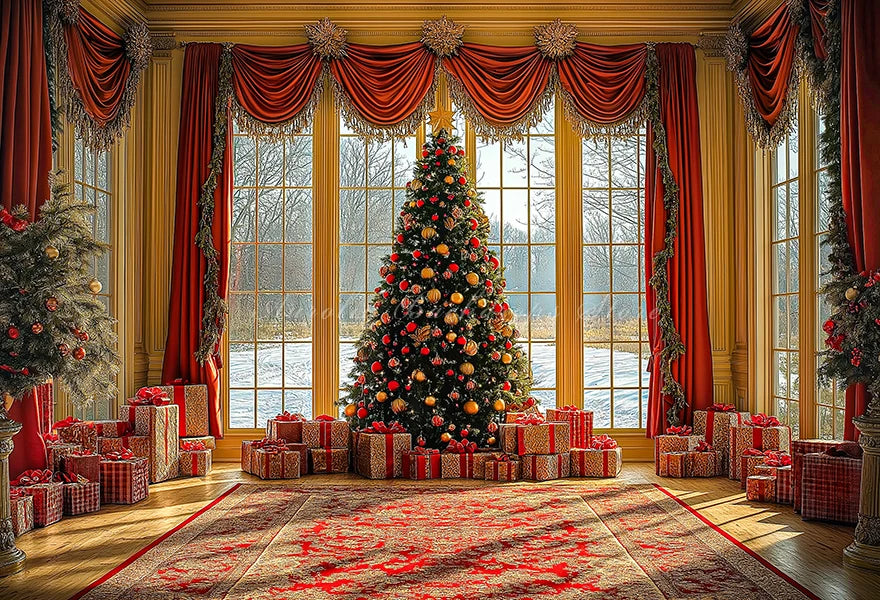 Large Window With Curtains Christmas Photo Backdrop Baby Kids Portrait Family Party Photocall Photograhy Background