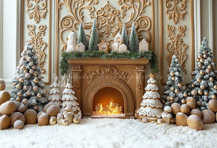 Gingerbread Christmas Fireplace With Green Garland Backdrop Winter Castle Kid Baby Cake Smash Photography Prop Studio Background