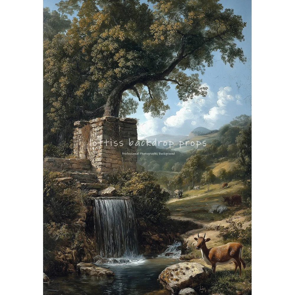 Countryside River Cottage Vintage Scenery Oil Painting Photography Backdrops Kids Adult Photocall Sunset Village Backgrounds