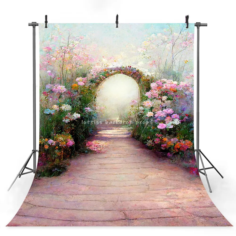 Whimsical Way To Wonderland Photography Backdrops Kids Adult Photocall Props Child Baby Birthday Floral Garden Gate Background