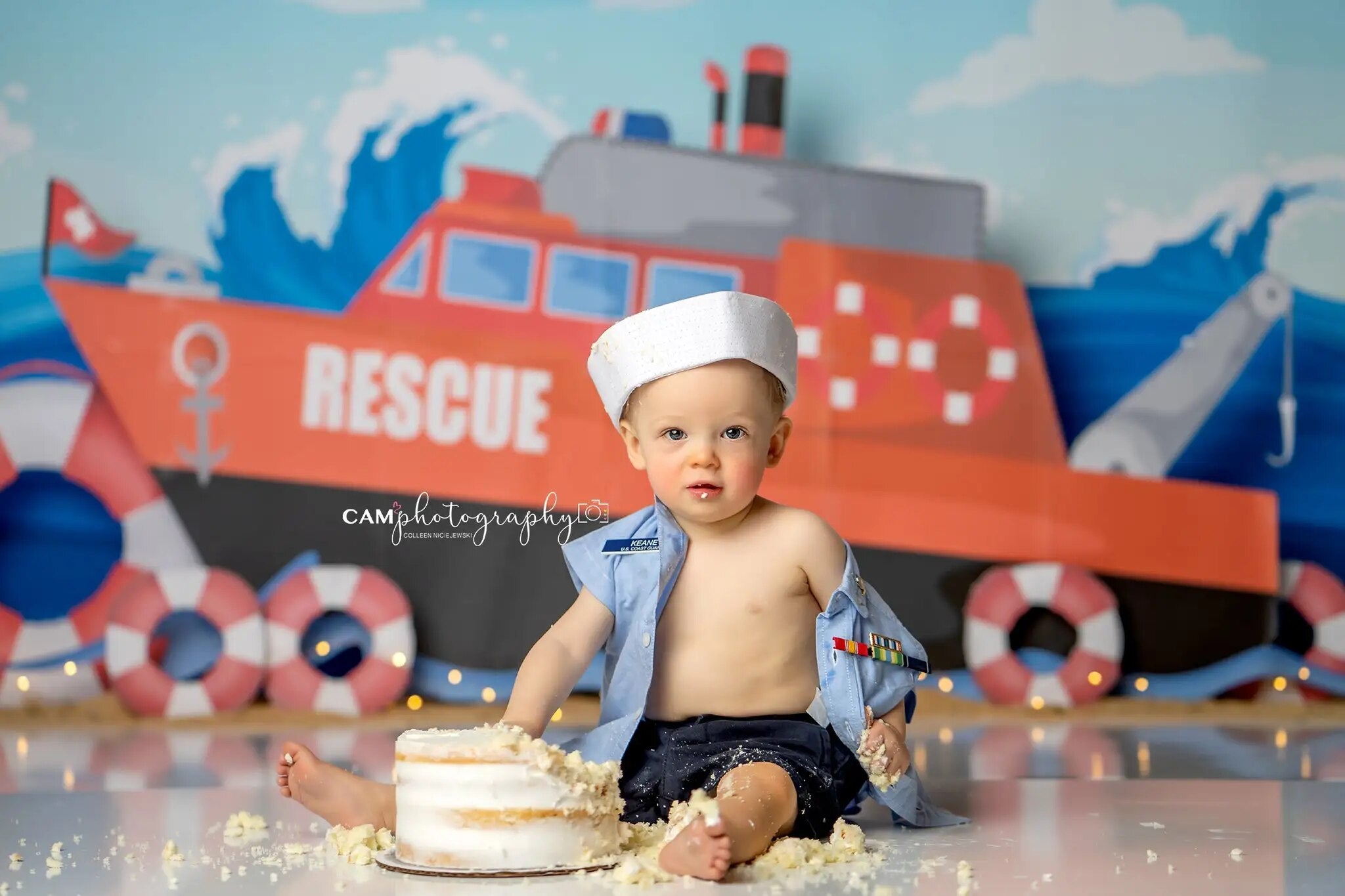 Arrière-plan de sauvetage de la garde côtière, arrière-plan de photographie de gâteau pour enfants, accessoires de photographie pour bébés, anniversaire, bateau de bord de mer 