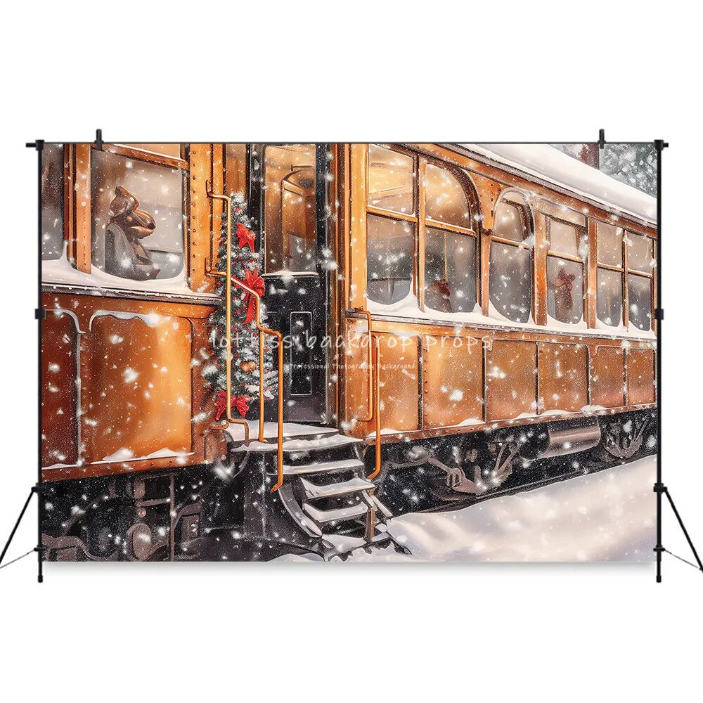 Arrière-plan de photographie de rue de noël, Portrait d'adulte, famille et enfant, séance photo, Train Polar Express, arrière-plan d'arbres de noël 