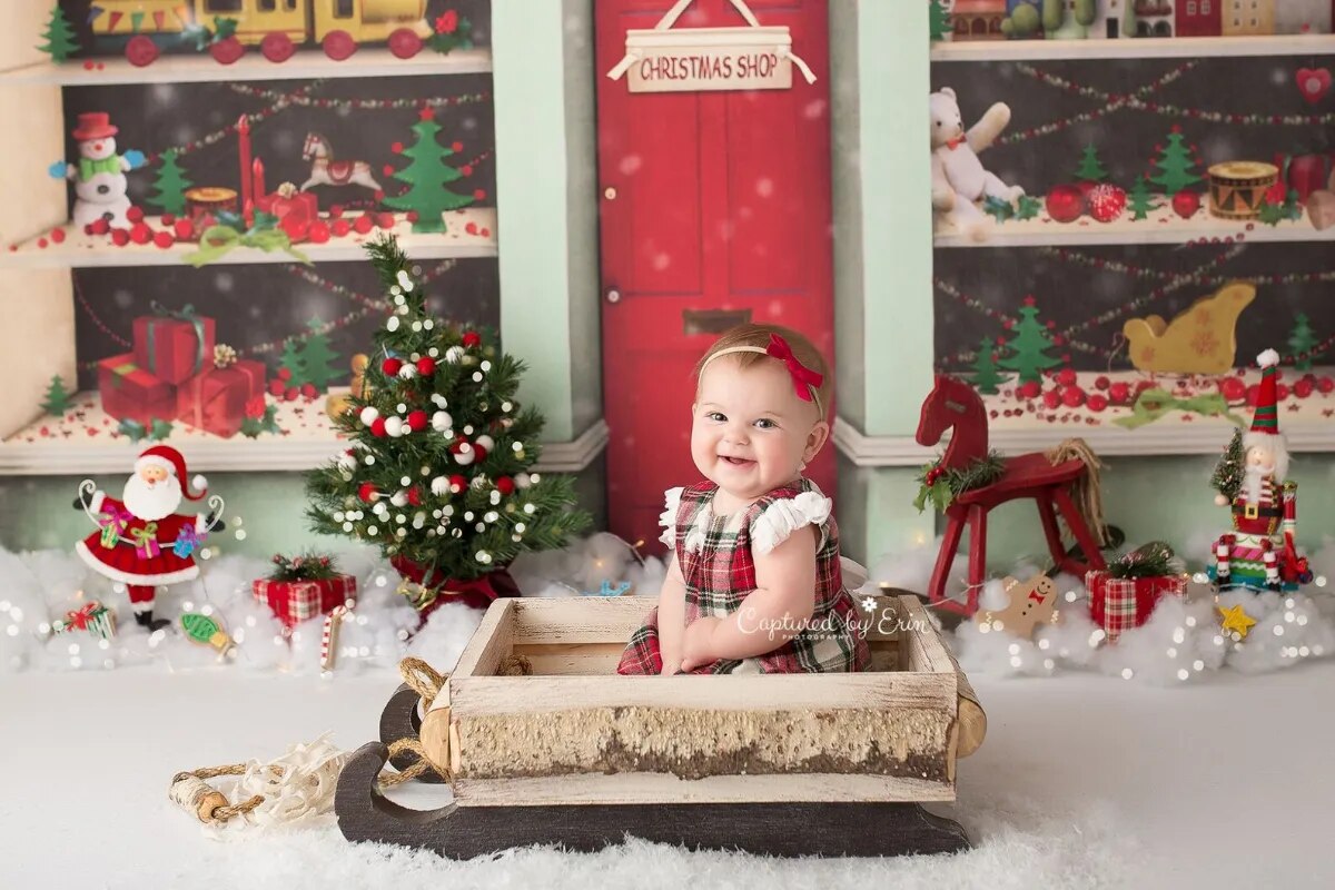 Arrière-plan de magasin de jouets de noël, arrière-plan de gâteau Smash pour adultes et enfants, accessoires de fête de famille d'hiver, flocon de neige, arrière-plan de magasin de bonbons 