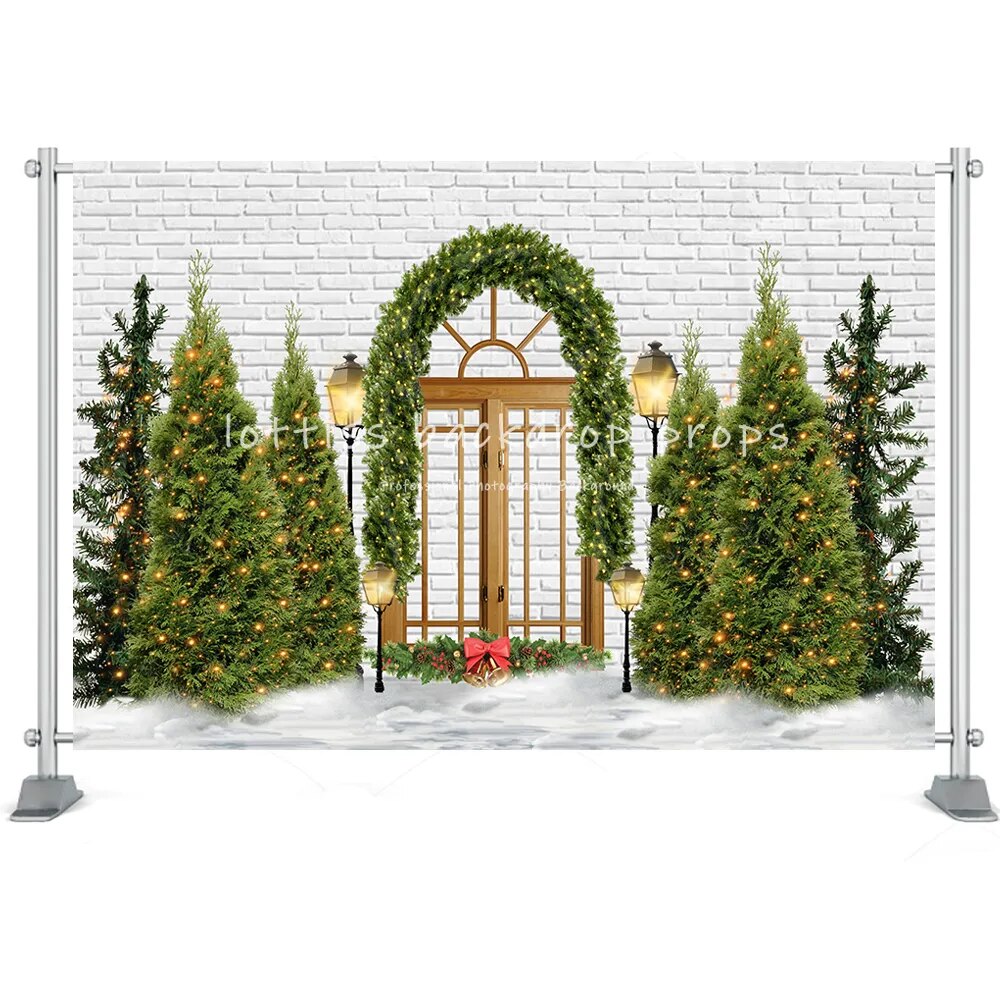 Christmas House Barn Door Backgrounds Photography Winter Trees Wreath Party Props Kids Famiy Portrait Backdrops Props