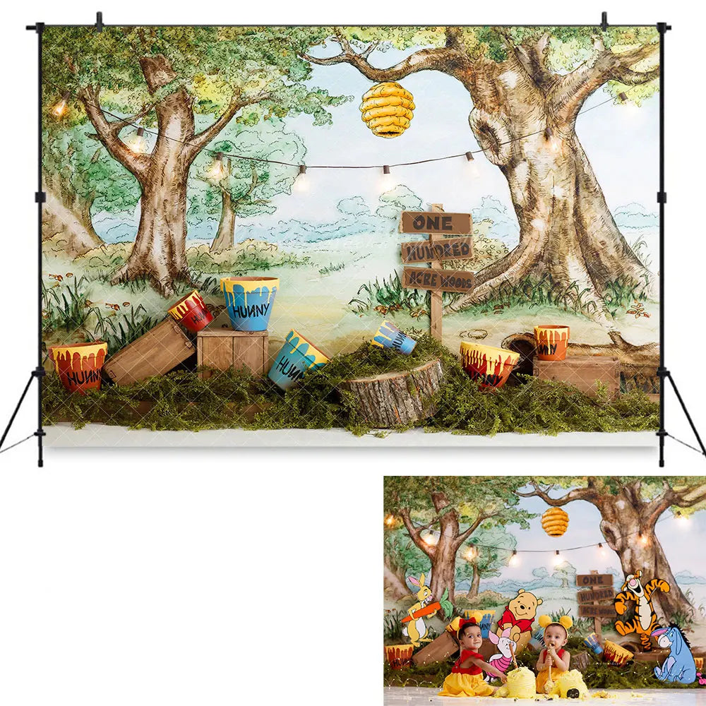 One Hundred Acre Woods Backdrop Kids Baby Birthday Photography Props Pooh Bear Foerst Child Cake Smash Dceor Studio Backgrounds