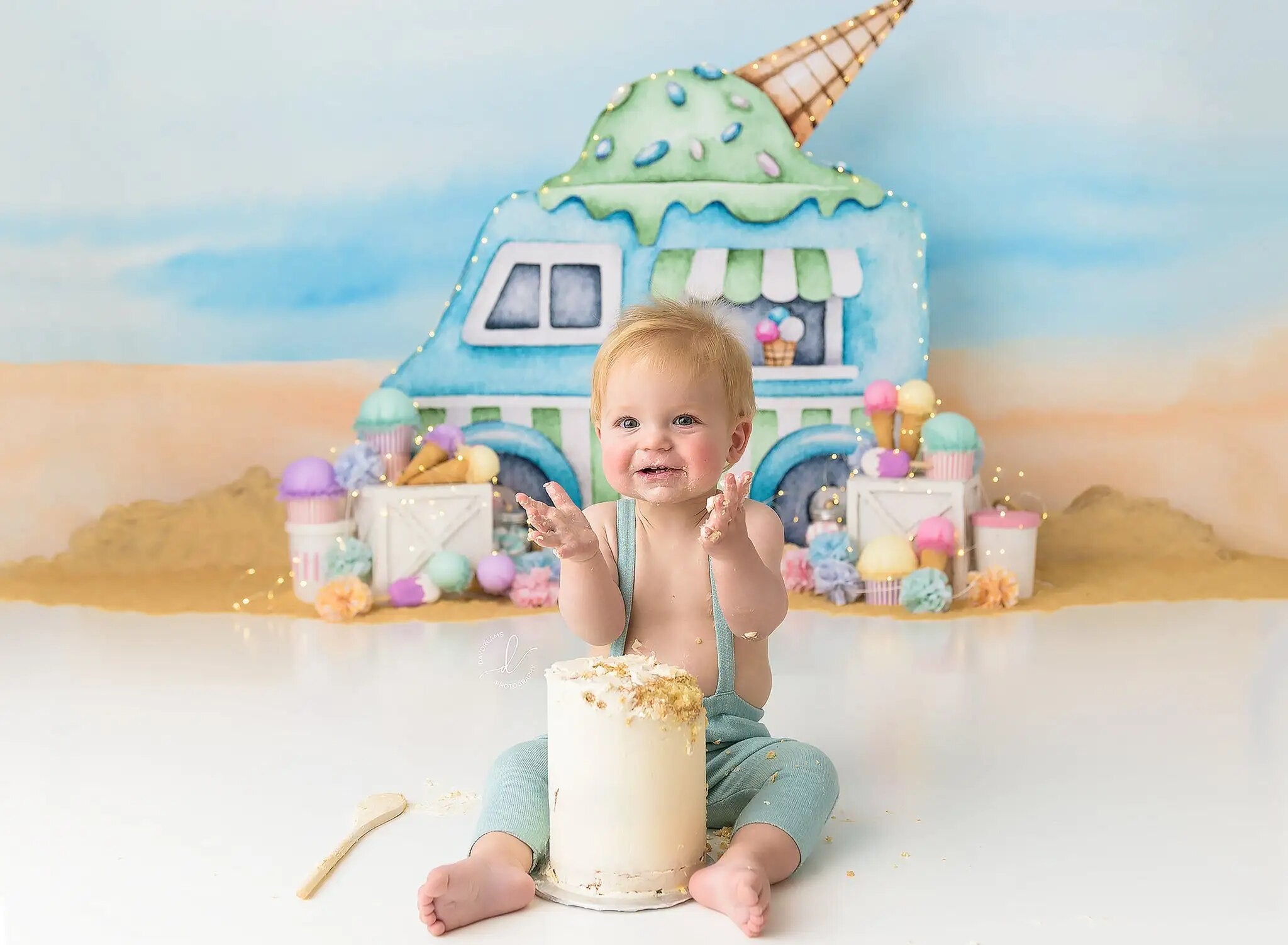 Ice Cream Cart Backdrops Kids Baby Cake Smash Birthday Props  Child Baby Photography Decors Leamon Fruits Background