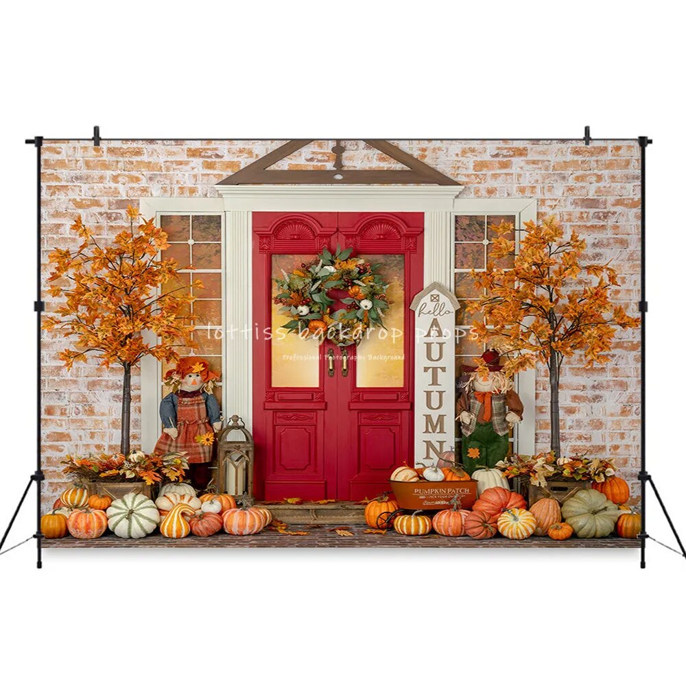 Autumn Barn Door Backdrops Pumpkin Decors Child Adult Photography Photocall Baby Kids Wreath Fall Farm Background