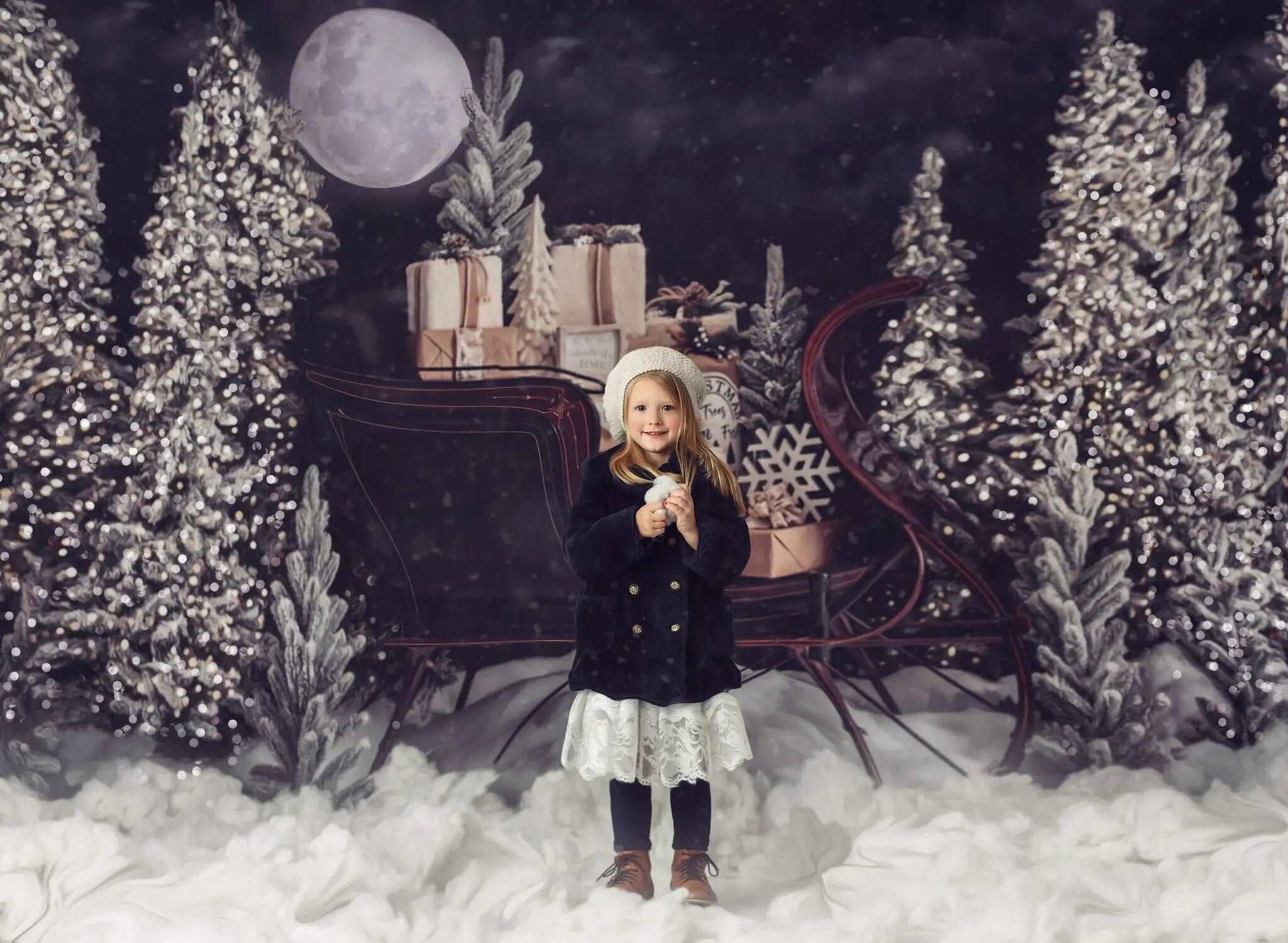 Antique Sleigh Backdrops Kids Portrait Photography Christmas Family Photocall Child Adult Xmas Snowy Forest Backgrounds