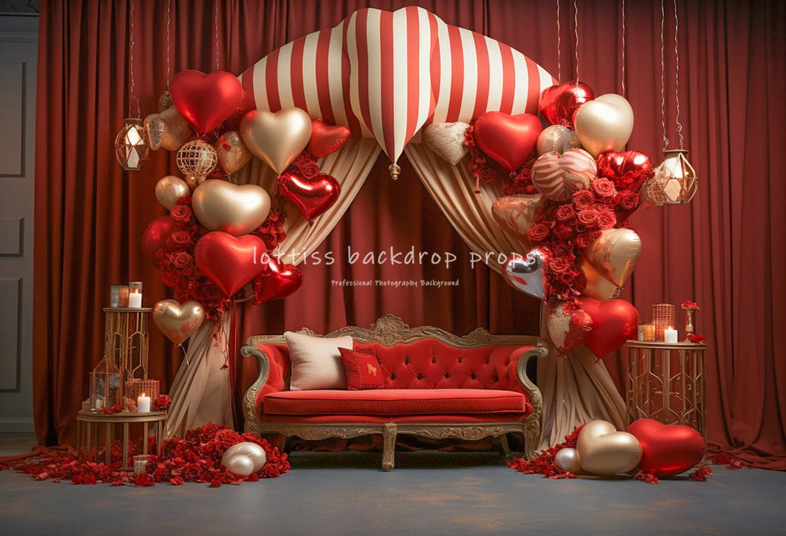 Valentine's Day Store Front Backdrops Kids Girl Photography Props Child Adult Photocall Rose Red Striped Balloon Backgrounds