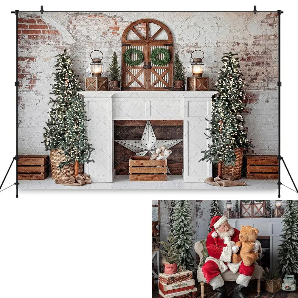 Vintage Rustic Holiday Photography Backdrop Kids Baby Cake Smash Photocall Decors Christmas Fireplace Child Adult Backgrounds