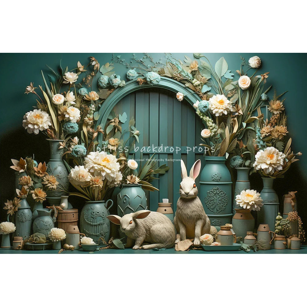 Easter Bunny On Windows With Large Flowers Backdrops Kids Baby Photocall Child Adult Photocall Spring Floral Eggs Backgrounds