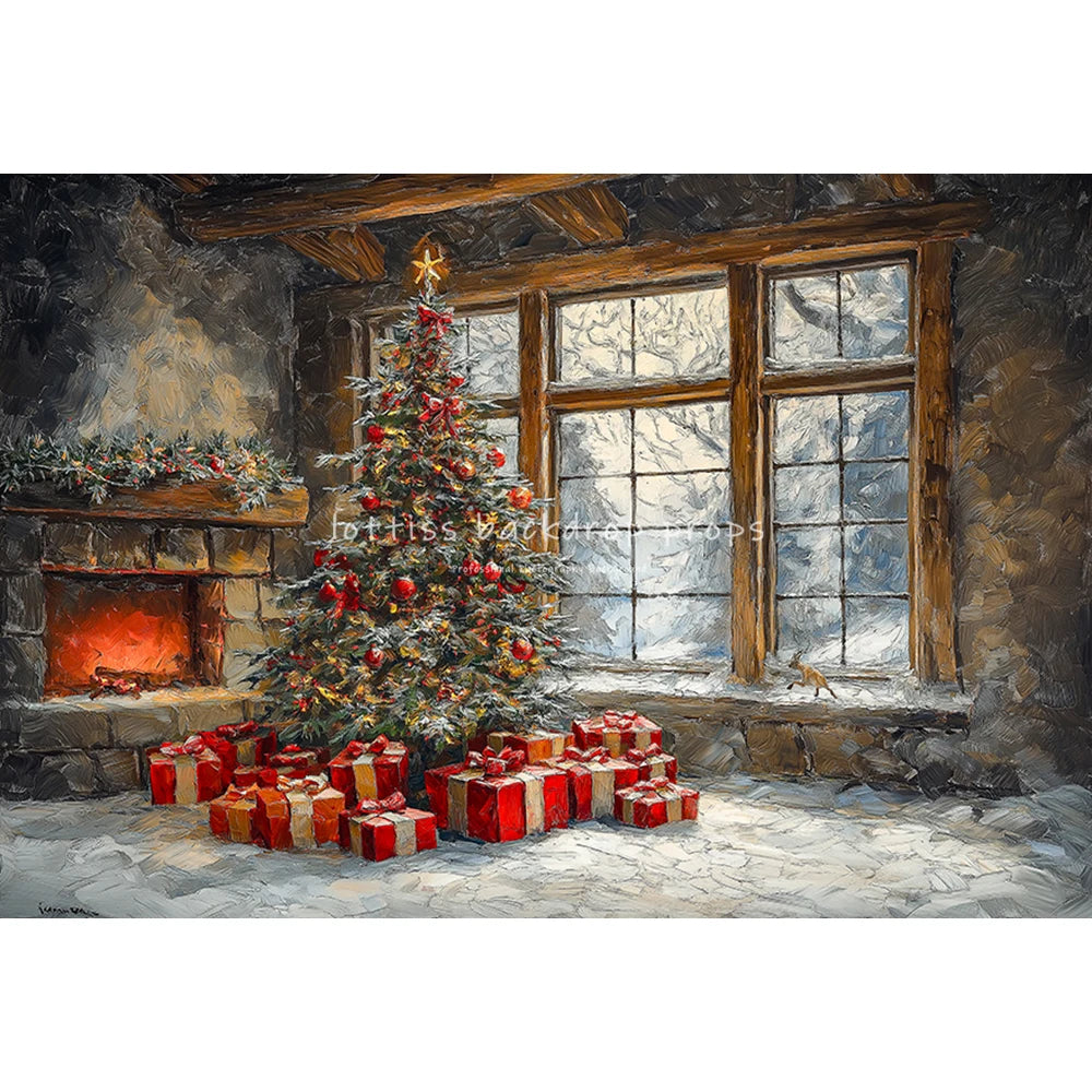 Xmas Window Big Christmas Tree Backdrops Kids Adult Photography Child Baby Photocall Fireplace Backgrounds