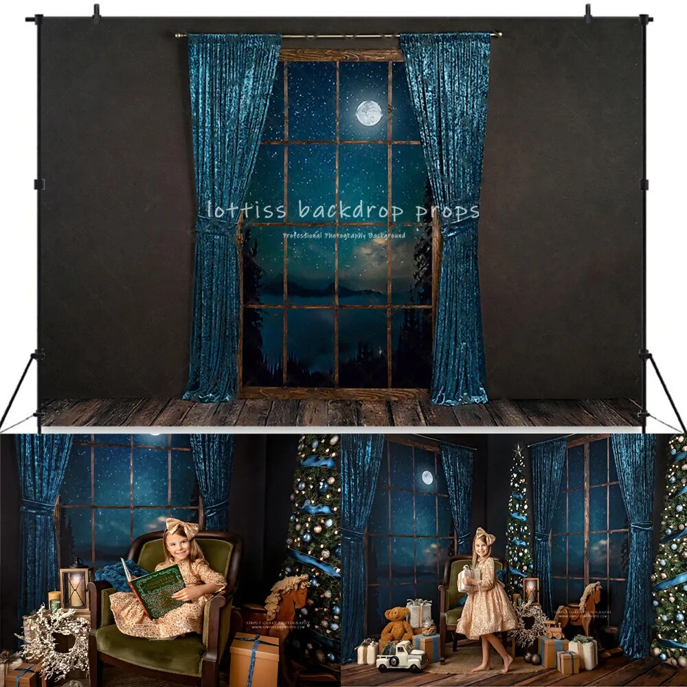 Blue Festivity Christmas Livingroom Backdrops Child Family Photocall Props Xmas Trees Windows Background For Baby Photostudio