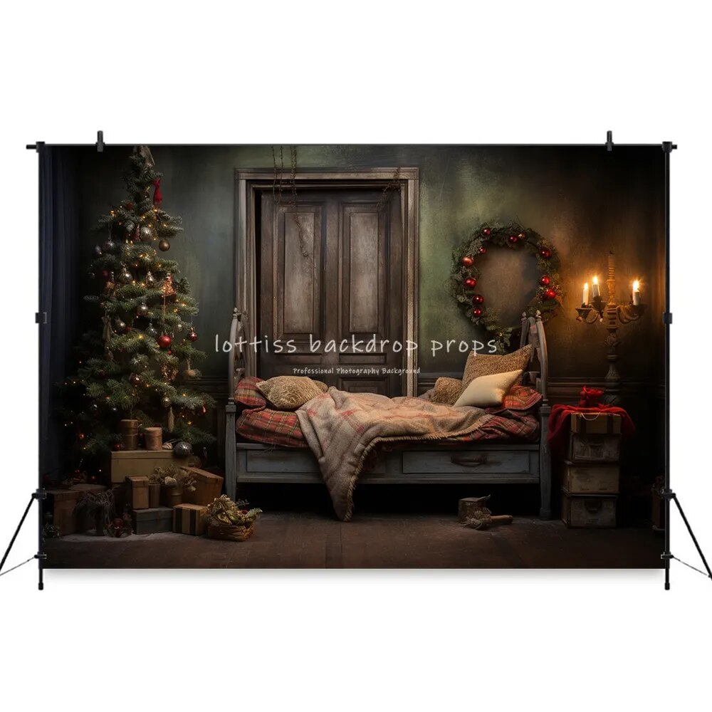 Arrière-plan de chambre à coucher de noël, photographie de bébé, enfant adulte, séance photo, arbres de noël, porte en bois, arrière-plan de salon 