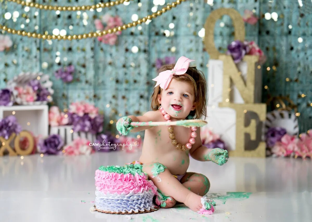 Flashing Curtain Kids Cake Smash Photography Backdrops Birthday Floral Baby Child Party Props Background Photostudio