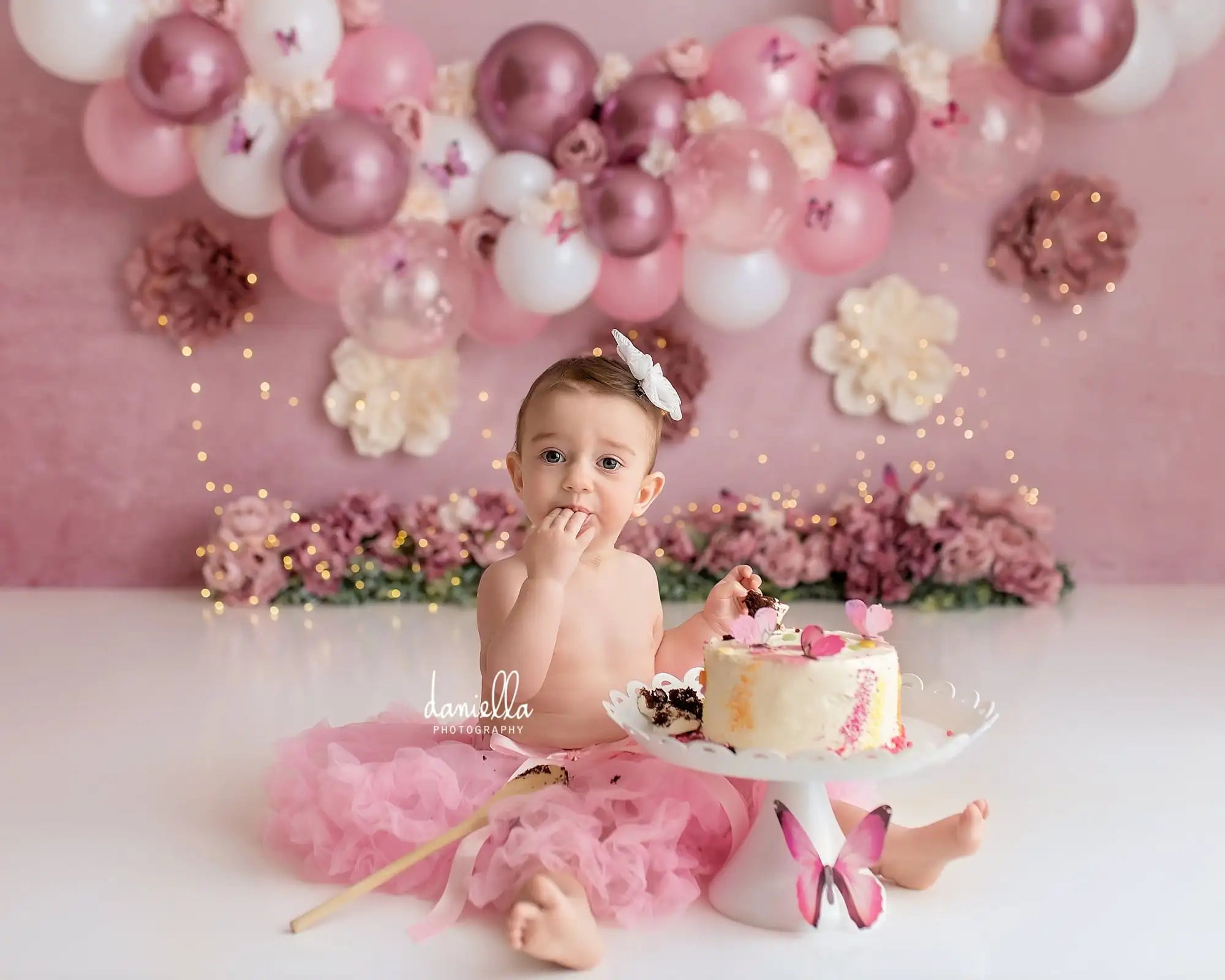 Spring Pretty Pink Butterfly Garden Backdrops Kids Baby Photography Child Adult Photocall  Balloons Cake Smash Floral Background