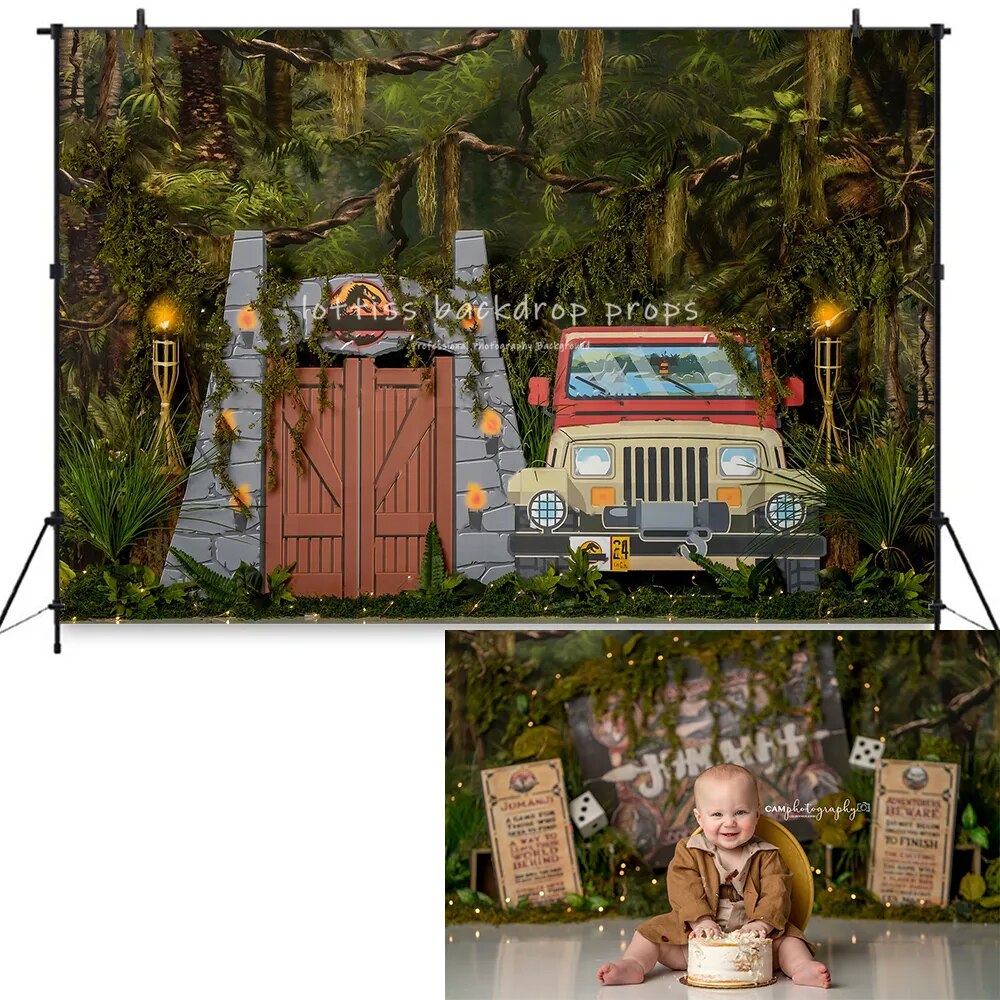 Forest Adventure Backdrops Kids Birthday Cake Smash Props Child Baby Birthday Photocall Wild Dinosaur Park Background