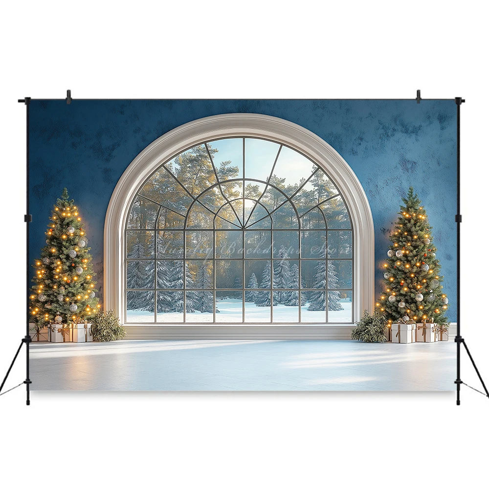 Frosted Arched Window With Christmas Trees Backdrop Red Curtains Blue Wall Baby Kids Portrait Family Party Photocall Backgrounds