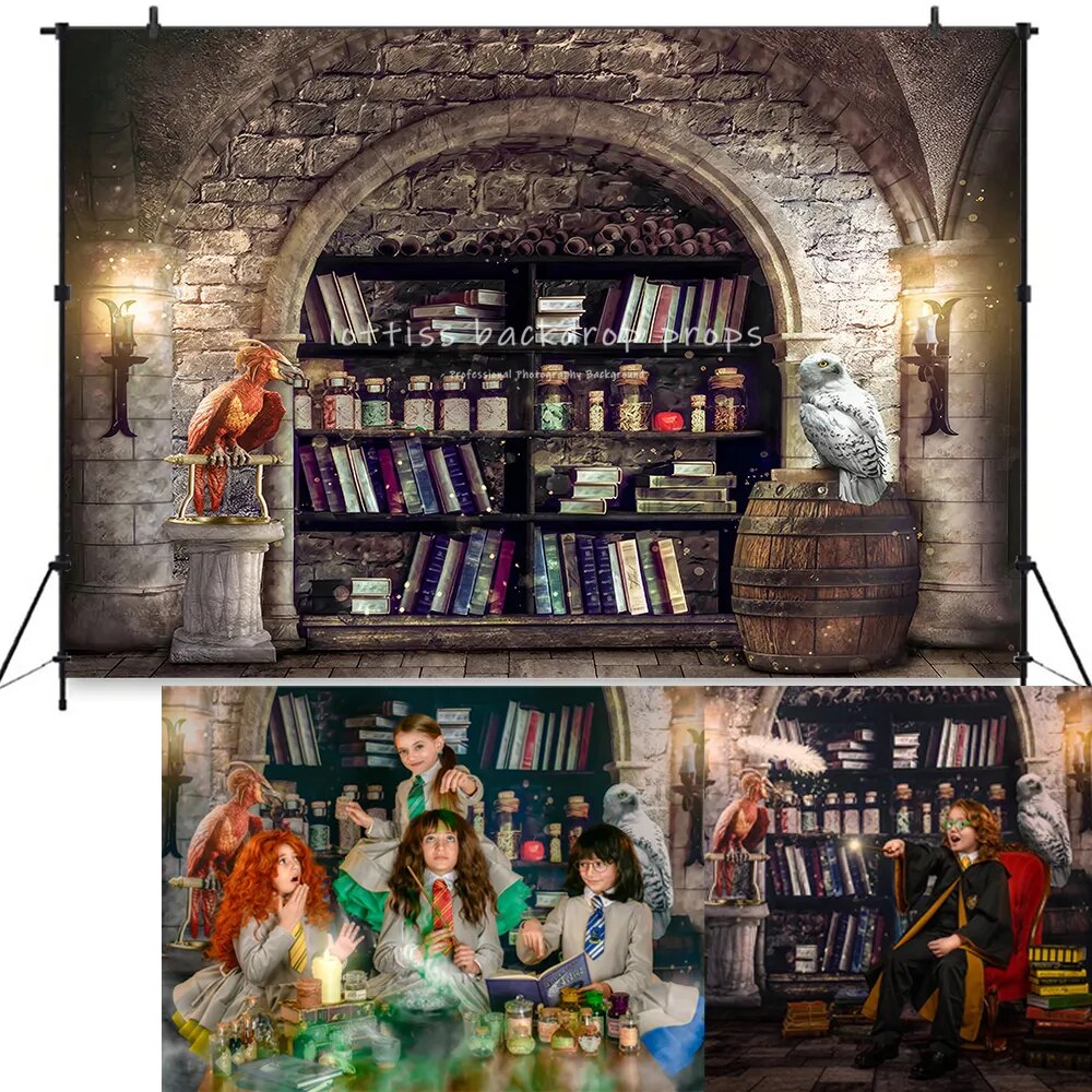 Wizard School Backdrops Kids Adult Photography Prop Birthday Party Banner Witch Wizards Shop Library Background Baby Photostudio