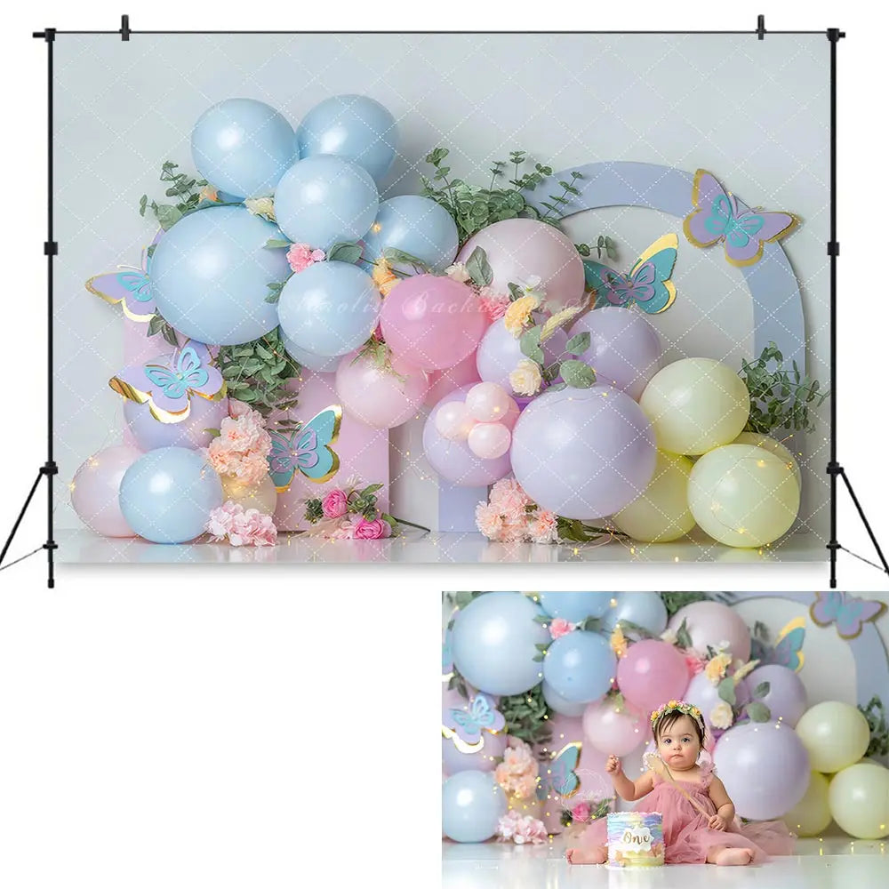 Spring Balloons Arch and Butterfly Backdrop Kids Baby Cake Smash Photography Props Child Girls Adult Birthday Photo Backgrounds