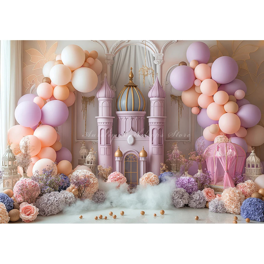 Cute Castle Balloons and Floral Backdrop Kids Baby Cake Smash Photography Props Child Girls Adult Birthday Studio Backgrounds