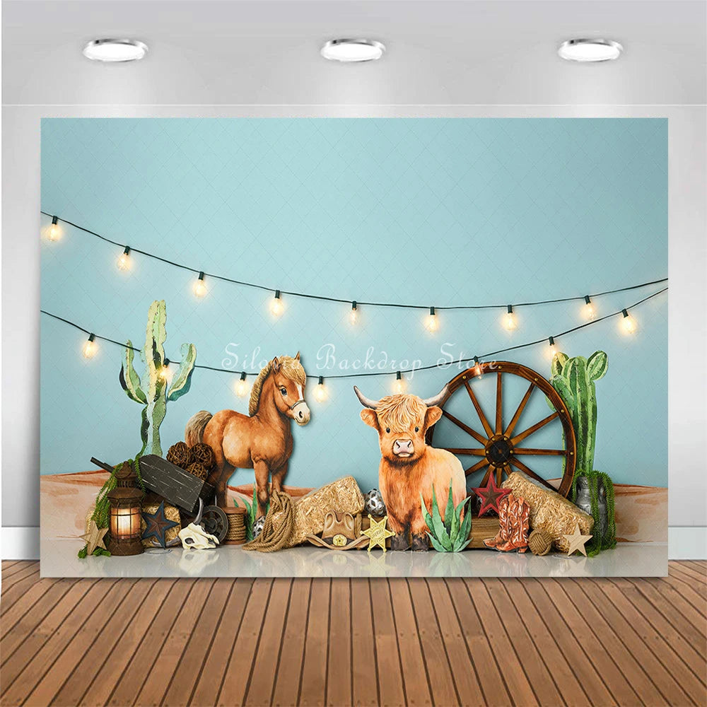 Cute Cowboy Photo Background Farm Children Birthday Cake Smash Photography Backdrop Horse Cactus Decoration Photo Studio Props