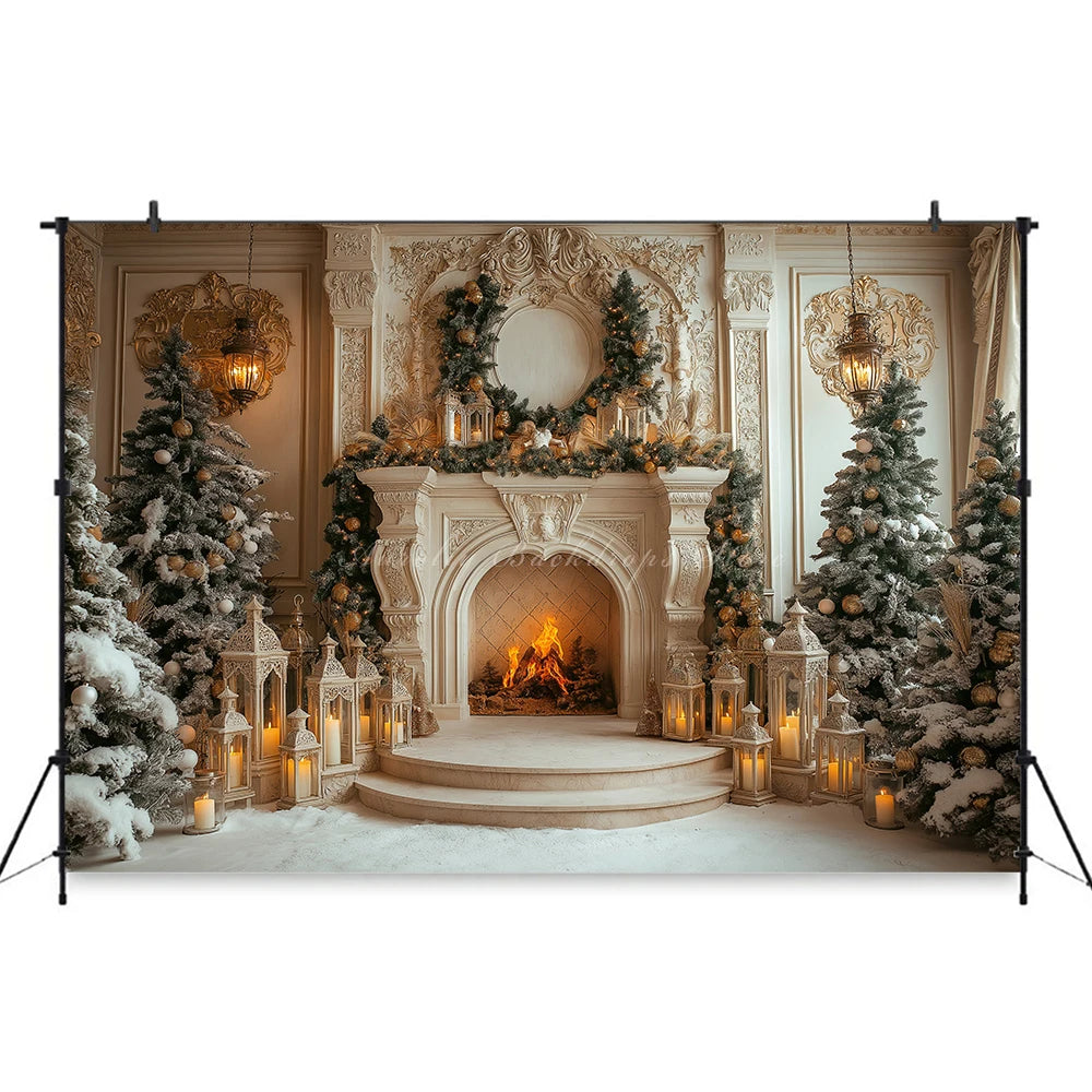 Christmas Backdrop with Fireplace and Xmas Trees Child Baby Birthday Cake Smash Photography Decor Girls Adult Studio Backgrounds