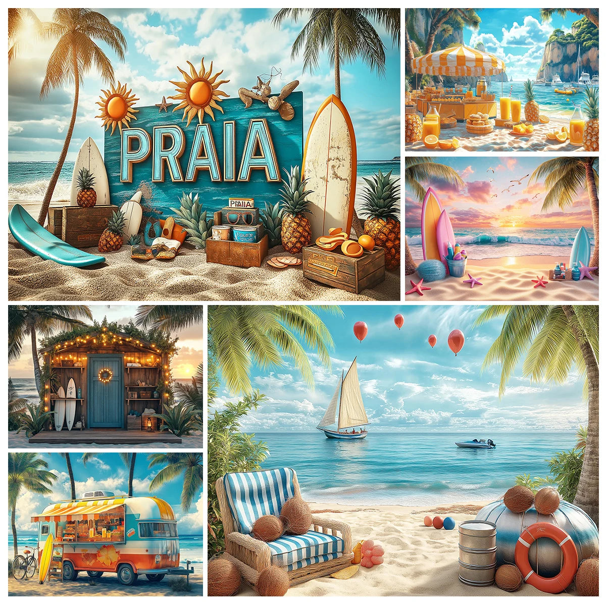 Beach Summer Palm Trees Backdrops Kids Baby Birthday Cake Smash Props Child Adult Photography Surfing Castle Sunset Backgrounds