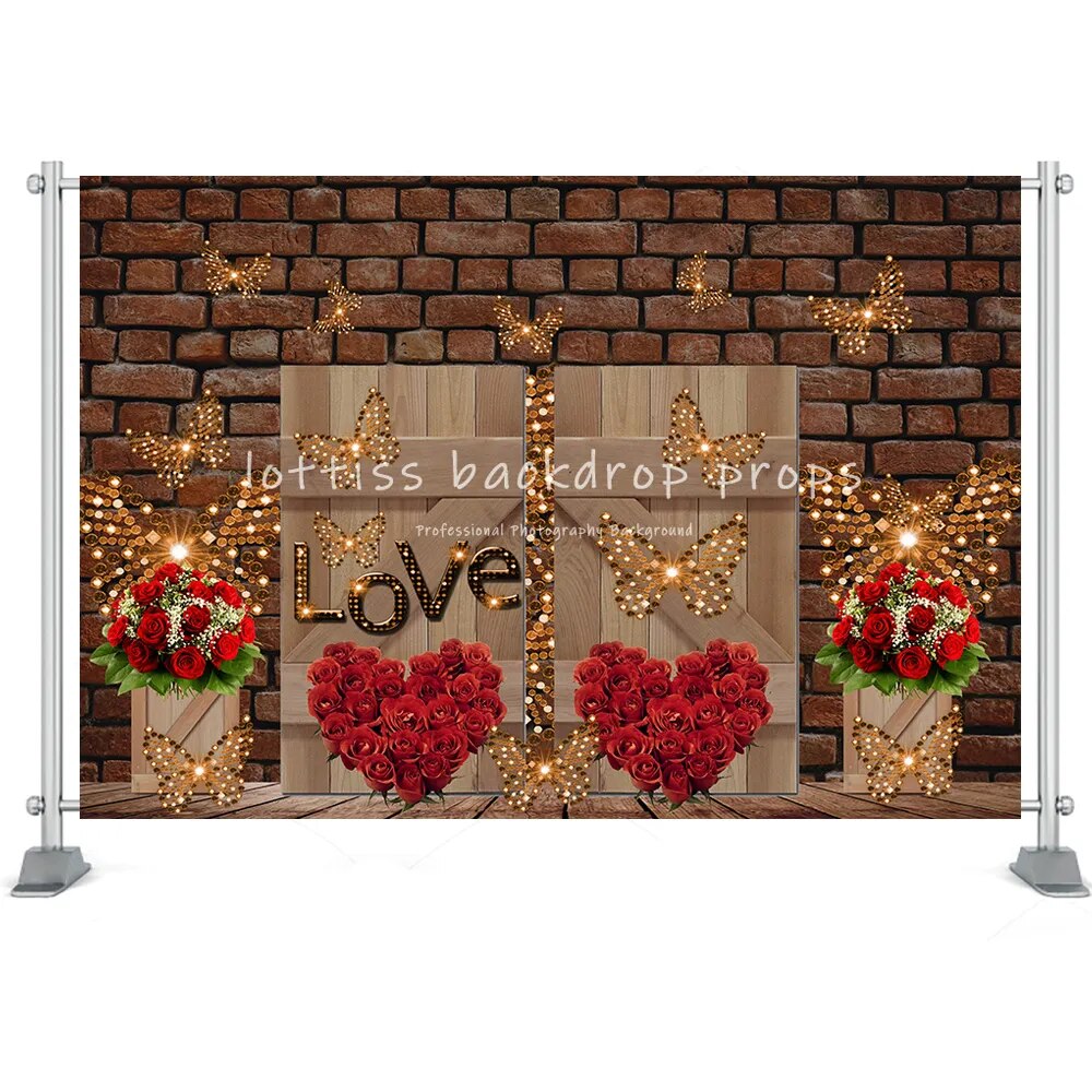 Valentine's Day Backdrop Brick Wall Wood Door Red Rose Heart Flower Shop Brick Wall Photo Background Studio Photoshoot Props