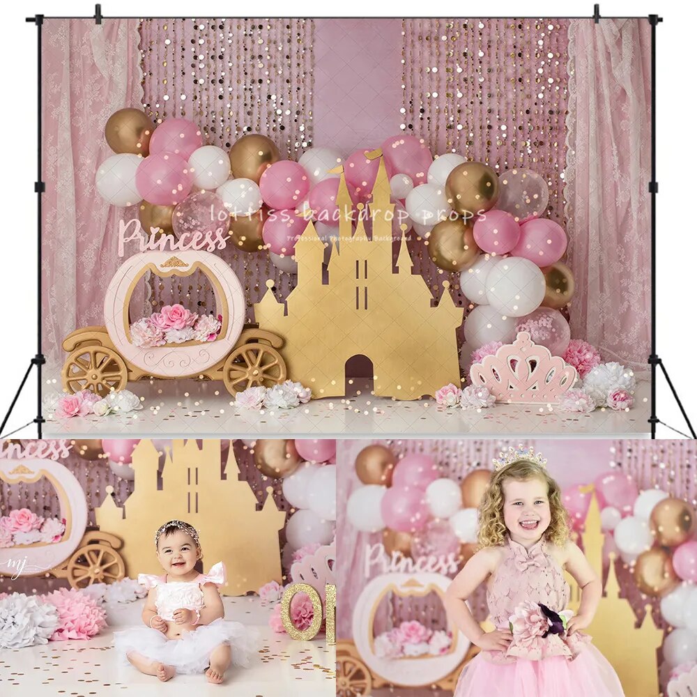 Gold Castle Pink Curtain Backdrops Kids Cake Smash Props Baby 1st Birthday Decors Balloons Child Girl Photography Background