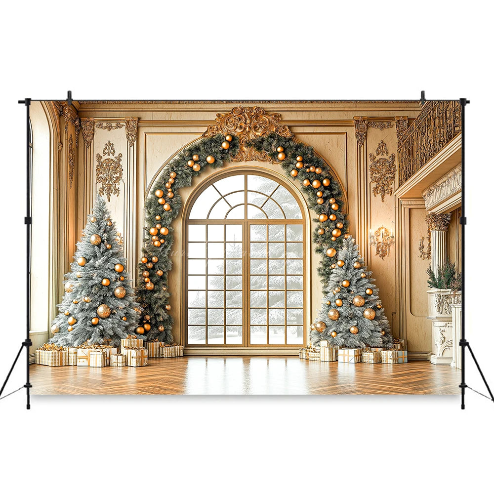 Christmas Arched Window with Xmas Tree Backdrop White Room Fireplace Baby Kids Portrait Family Party Photocall Photograhy Decors