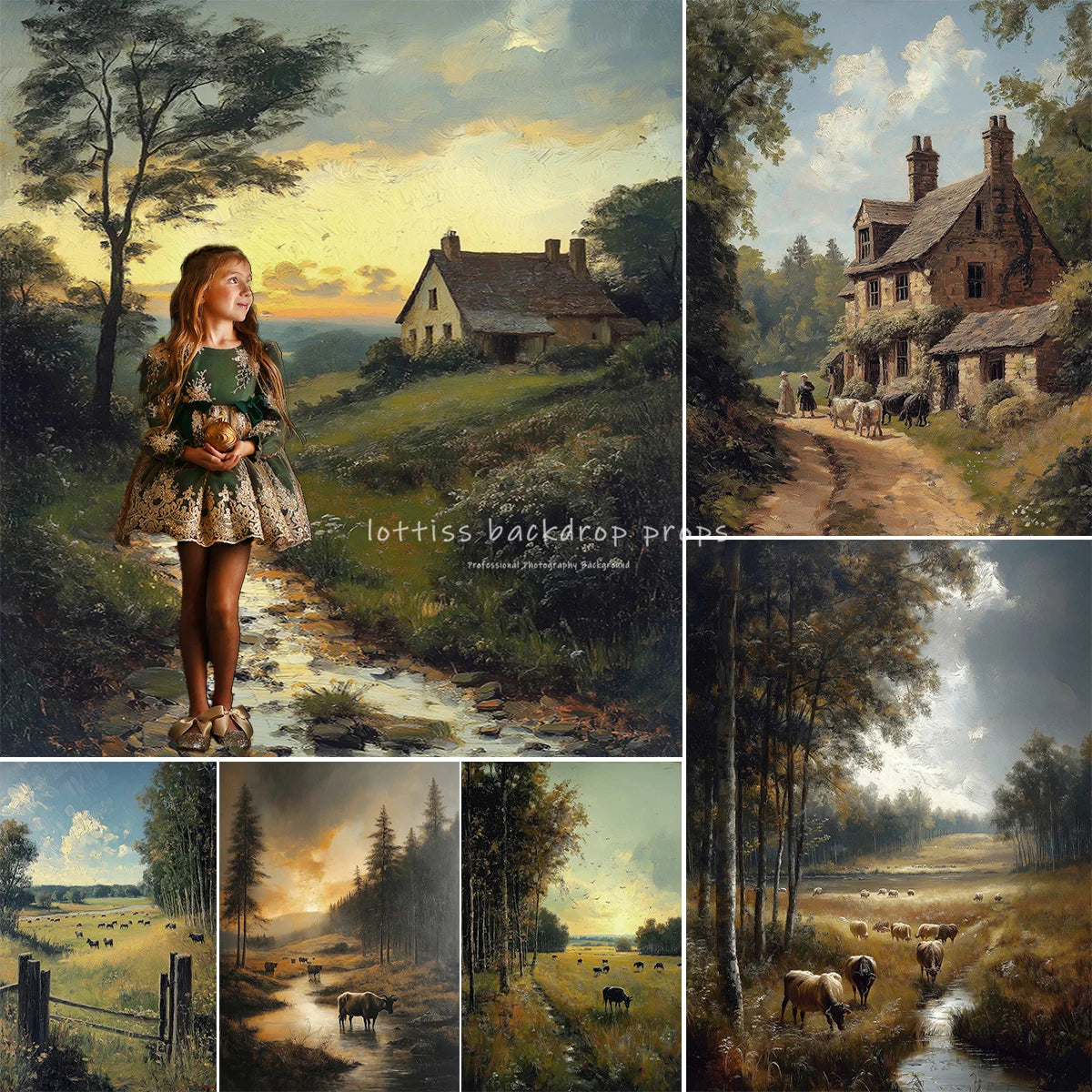 Village Cows Farm River Scenery Oil Painting Photography Backdrops Wedding Kids Adult Photocall Sunset Countryside Backgrounds