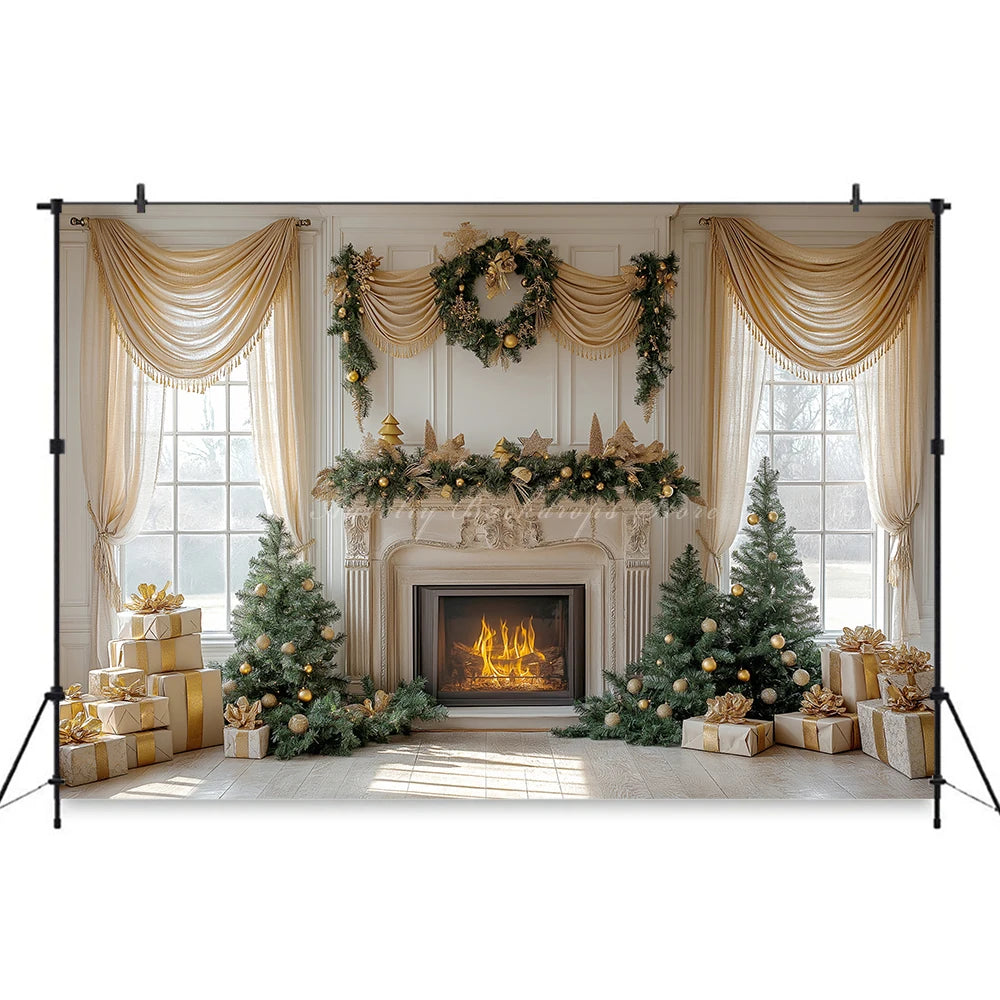 Christmas Backdrop with Fireplace and Large Window Baby Kids Portrait Family Party Photocall Photograhy Background Birthday Prop