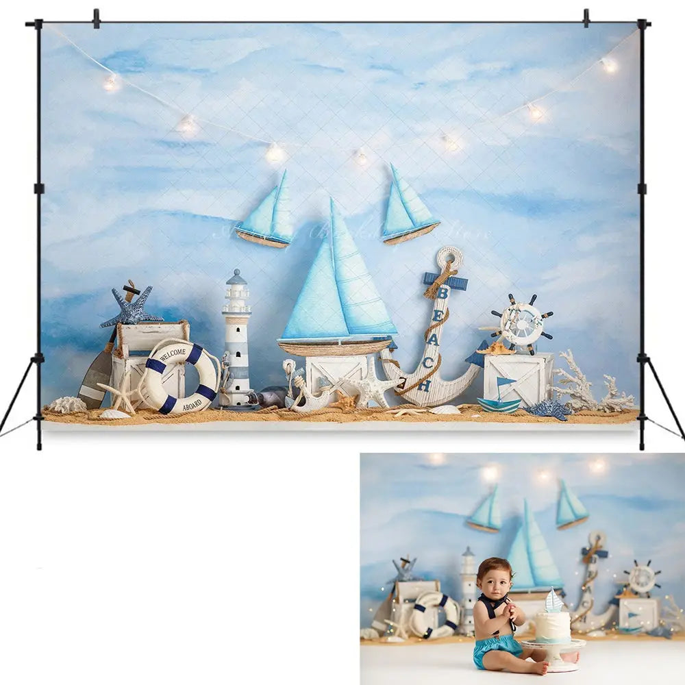 Sail Boat Blues Photography Backdrop Kids Baby 1st Birthday Photocall Decors Child Boys Adult Cake Smash Photo Backgrounds