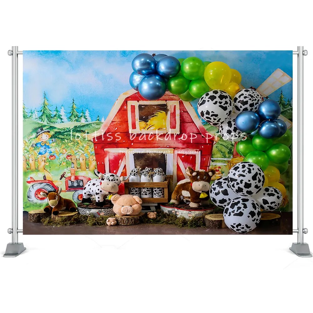 Thème de ferme enfants photographie arrière-plan vieille grange ballons gâteau Smash fête d'anniversaire bébé nouveau-né artistique toile de fond Photo Studio 