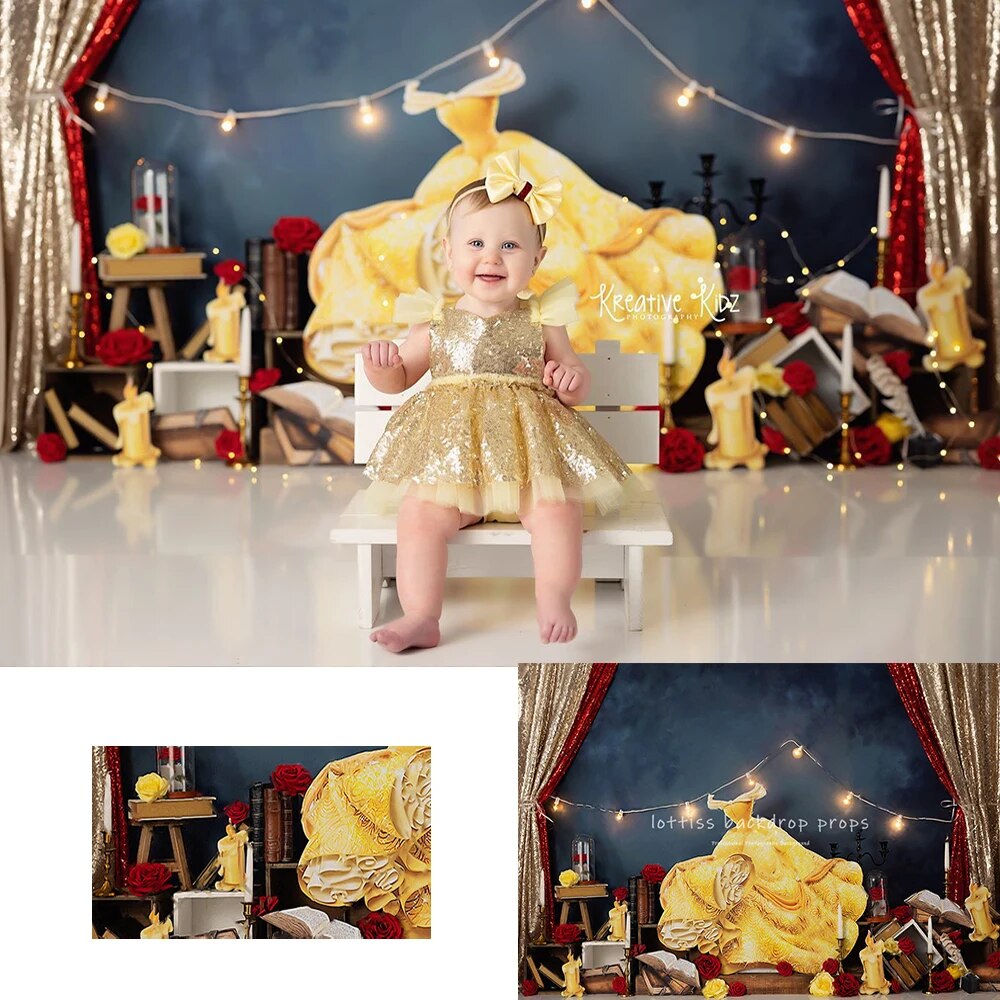 Belle Of The Ball Backdrops Kids Girl Cake Smash Birthday Photography Props Child Baby Gold Dress Party Background