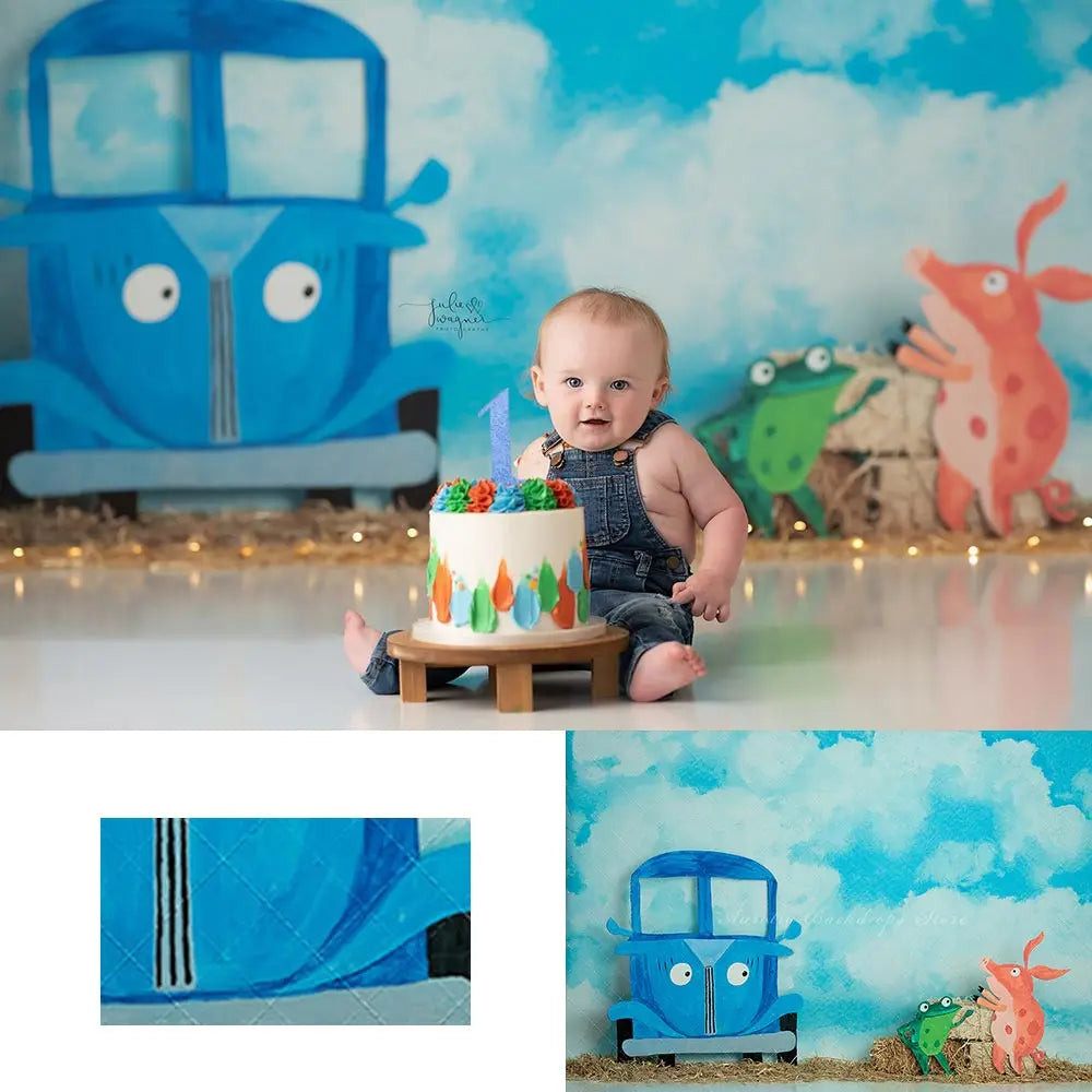 Beep Beep Blue Bus Photography Backdrop Kids Baby Cake Smash Photocall Decors Child Adult Birthday Studio Backgrounds